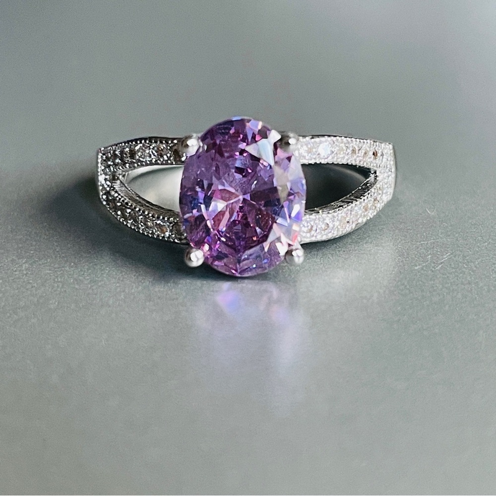 Lavender Cubic Zirconia /Faux Amethyst & White CZ Double Band Sterling S…